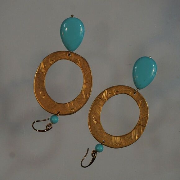 Hoop Earrings Blue Enamelled Accents Cut Out Disc Gold Tone Dangle - Picture 4 of 4